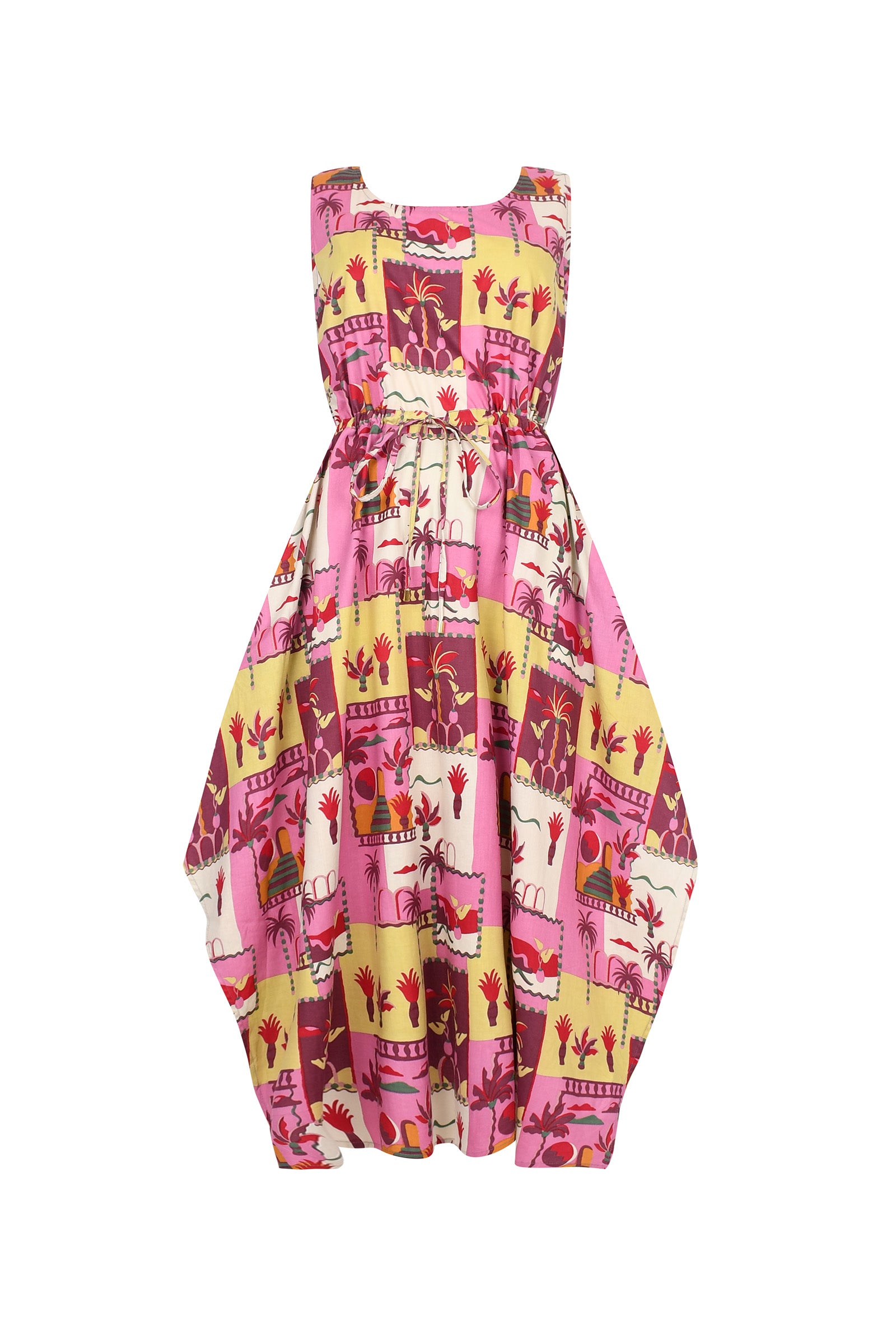 CDSS sleeveless print dress with pink and yellow city graphic and gathered waist