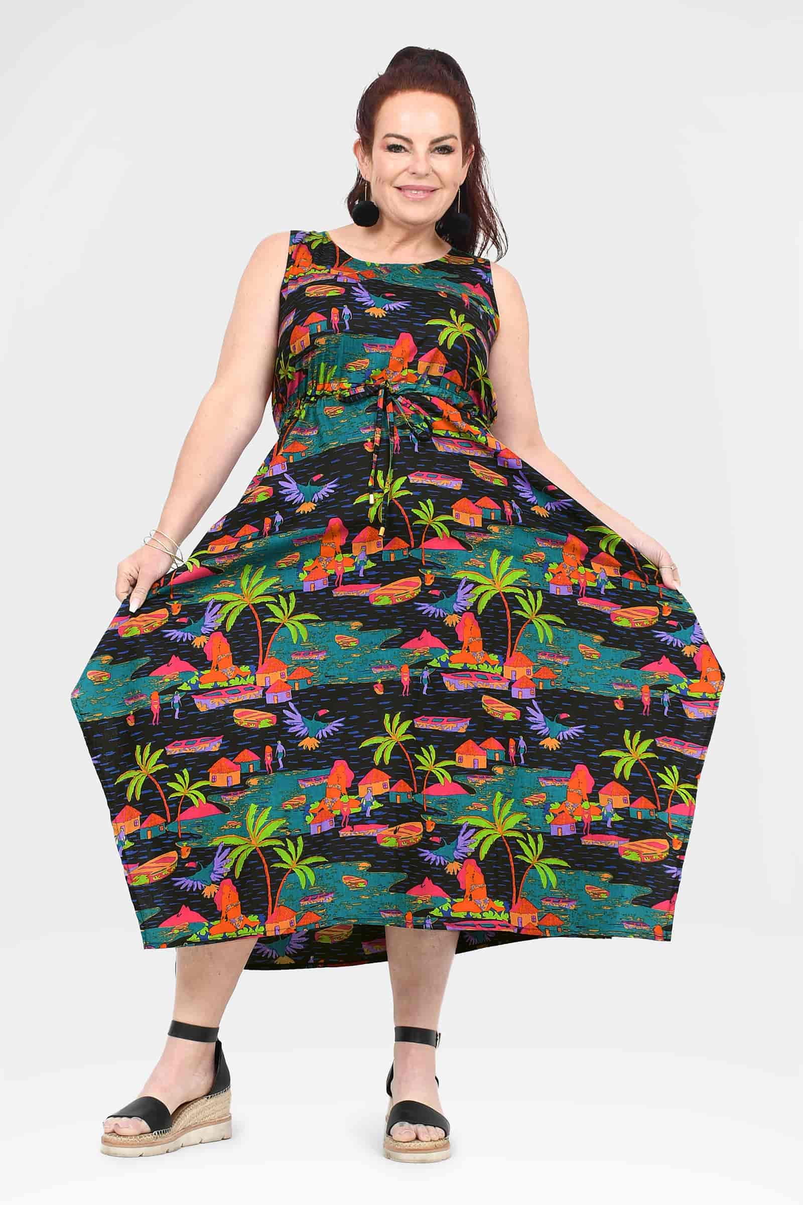 Sleeveless capri dress, black tropical print with A-line skirt and scoop neck