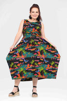 Sleeveless capri dress, black tropical print with A-line skirt and scoop neck