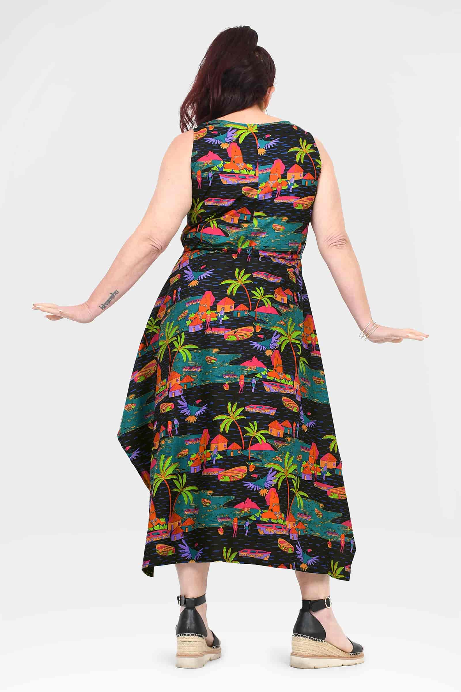 Back view of sleeveless capri dress in tropical print, racerback style and curved hem