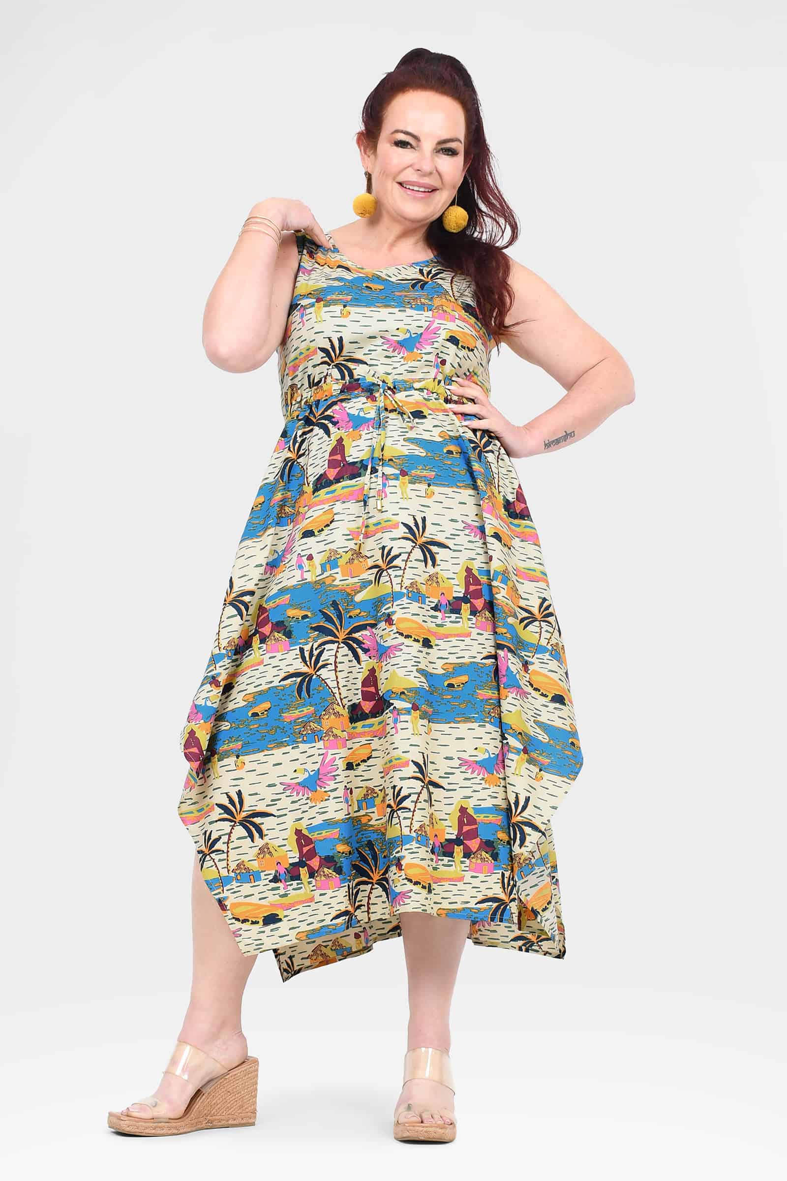 Sleeveless capri dress with multicolor city and palm print, tiered asym hem