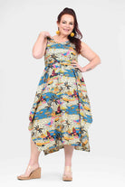 Sleeveless capri dress with multicolor city and palm print, tiered asym hem