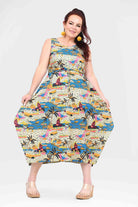 Sleeveless capri dress with bright multicolor city and palm print, wide skirt silhouette