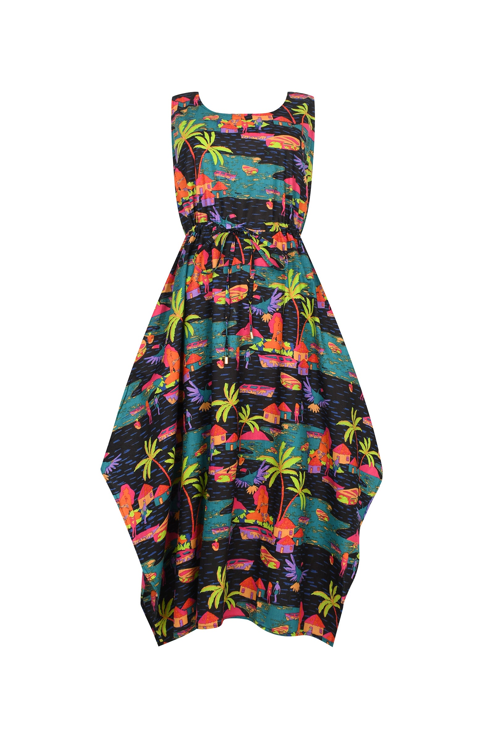 CDSS sleeveless print dress with dark tropical jungle pattern and gathered waist