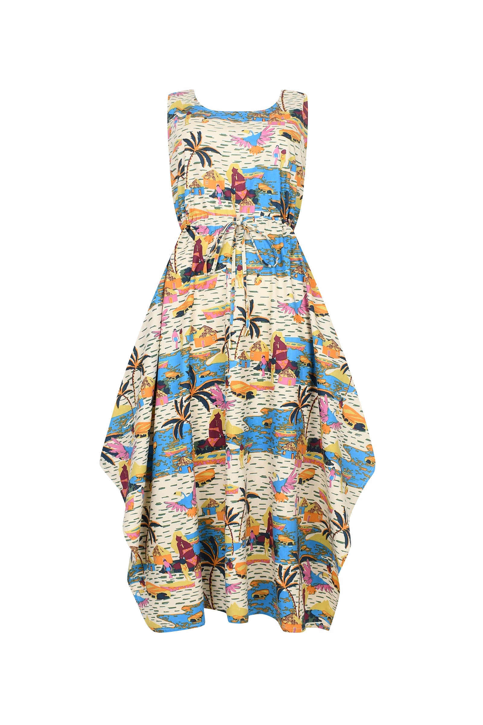 CDSS sleeveless print dress with white and multicolor beach city pattern and gathered waist