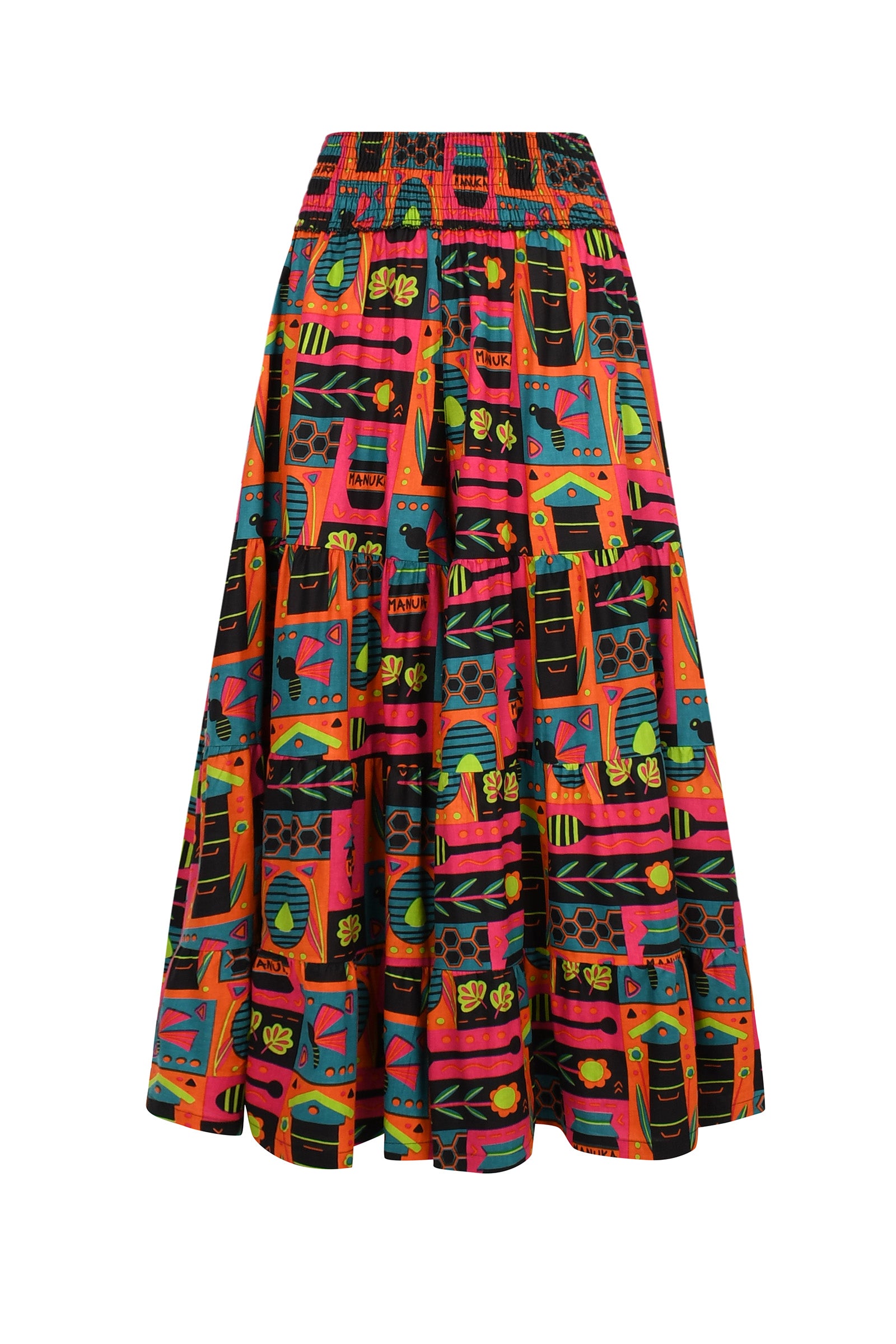 Havana pants with vibrant multicolor graphic print on pink background