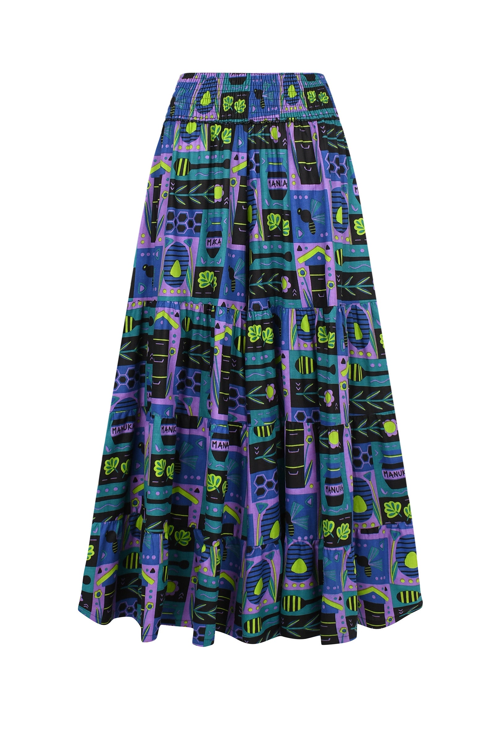 Havana pants with teal and purple playful graphic print, elastic waist