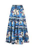 Havana pants with elastic waist, wide-leg silhouette, blue and cream tropical print