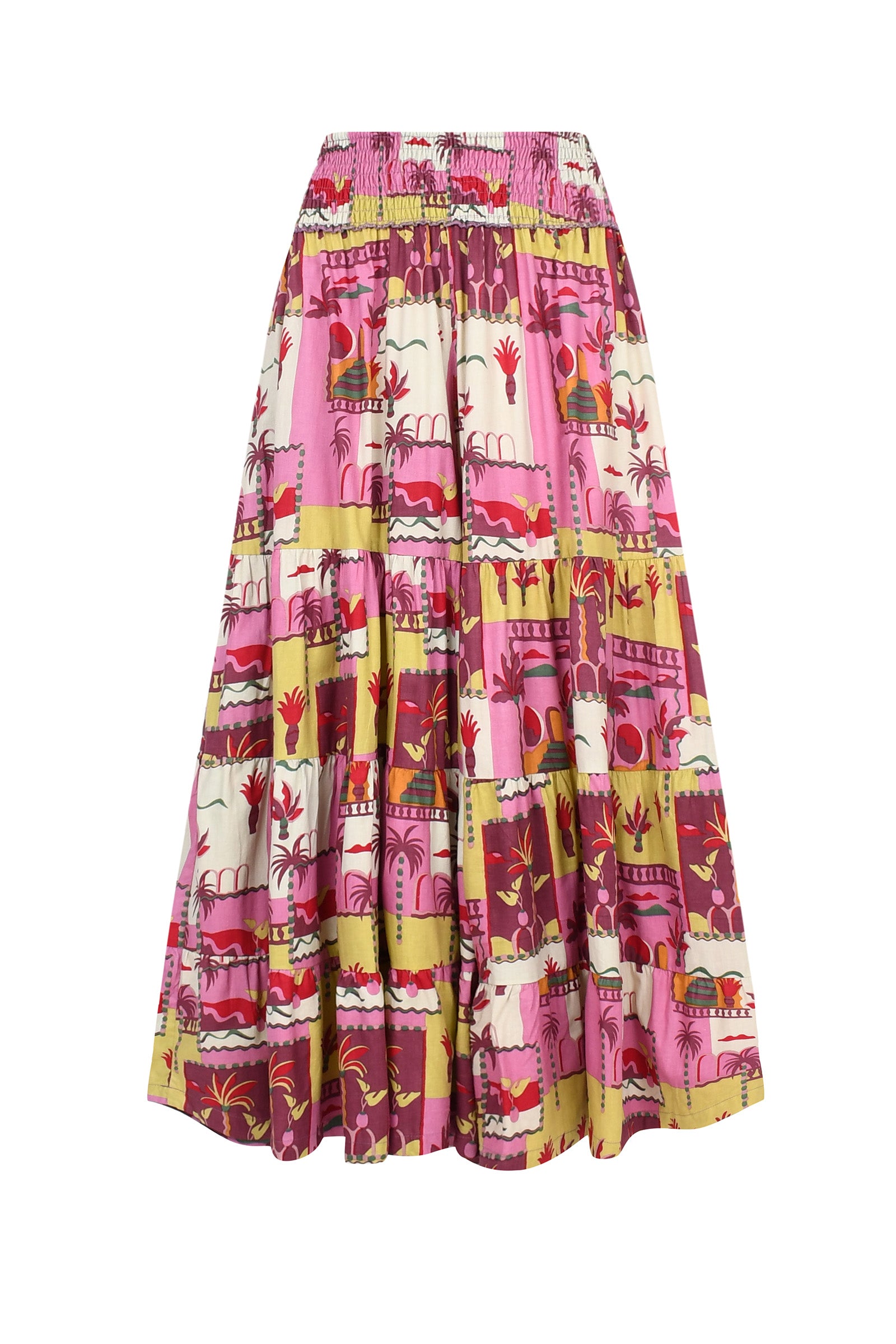 Havana pants with pink, yellow, and cream tiered wide-leg print