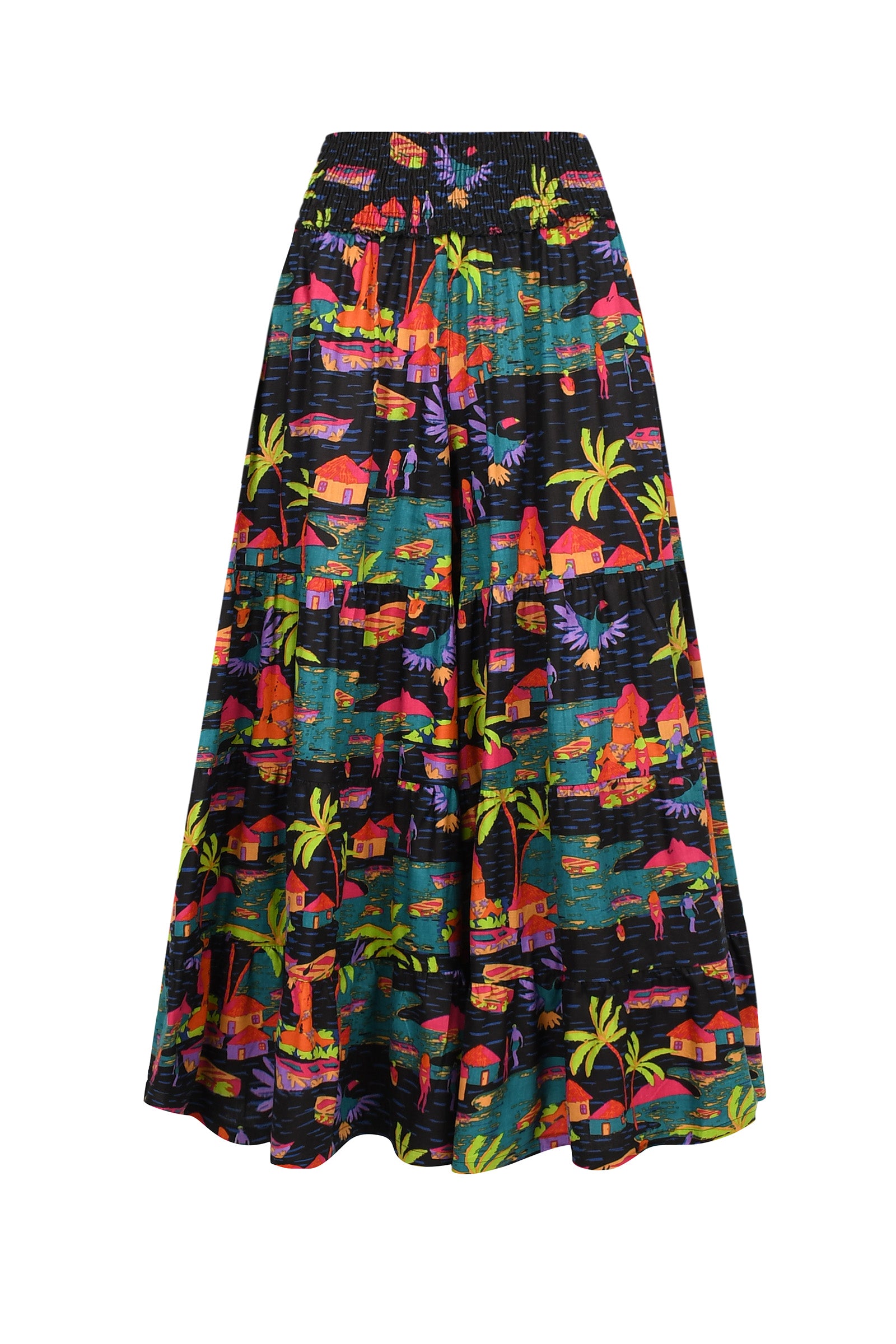 Tropical print wide-leg pants with elastic waistband, dark base and colorful houses and palms