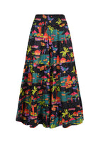 Tropical print wide-leg pants with elastic waistband, dark base and colorful houses and palms