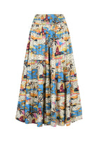 Havana pants with light white base and colorful tropical city print, elastic waistband