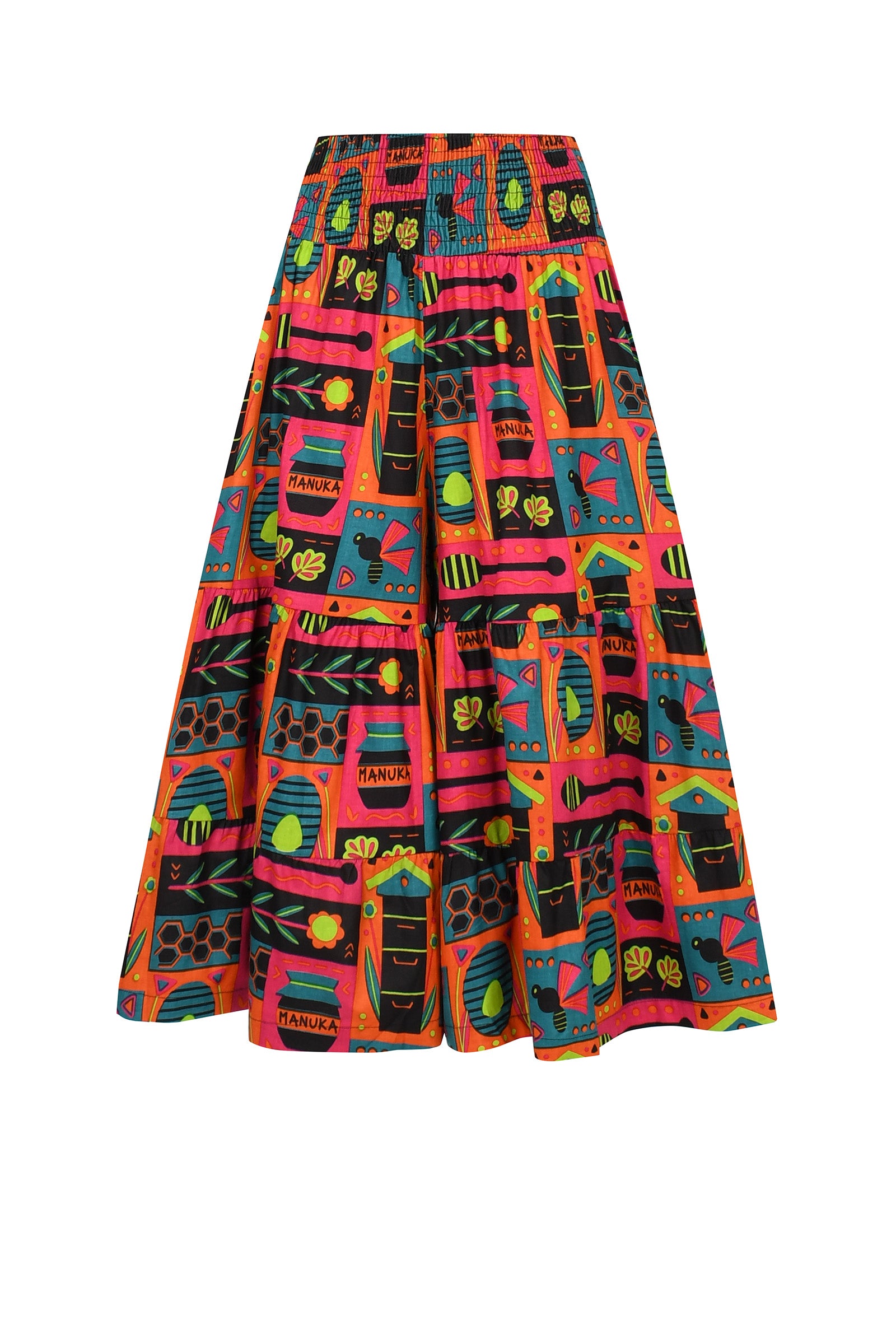 Colorful 3/4 pants with elastic waistband, wide legs, and playful bee cartoon print