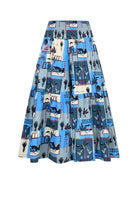 3/4 pants, multicolor illustrated print on blue with elastic waist and wide legs