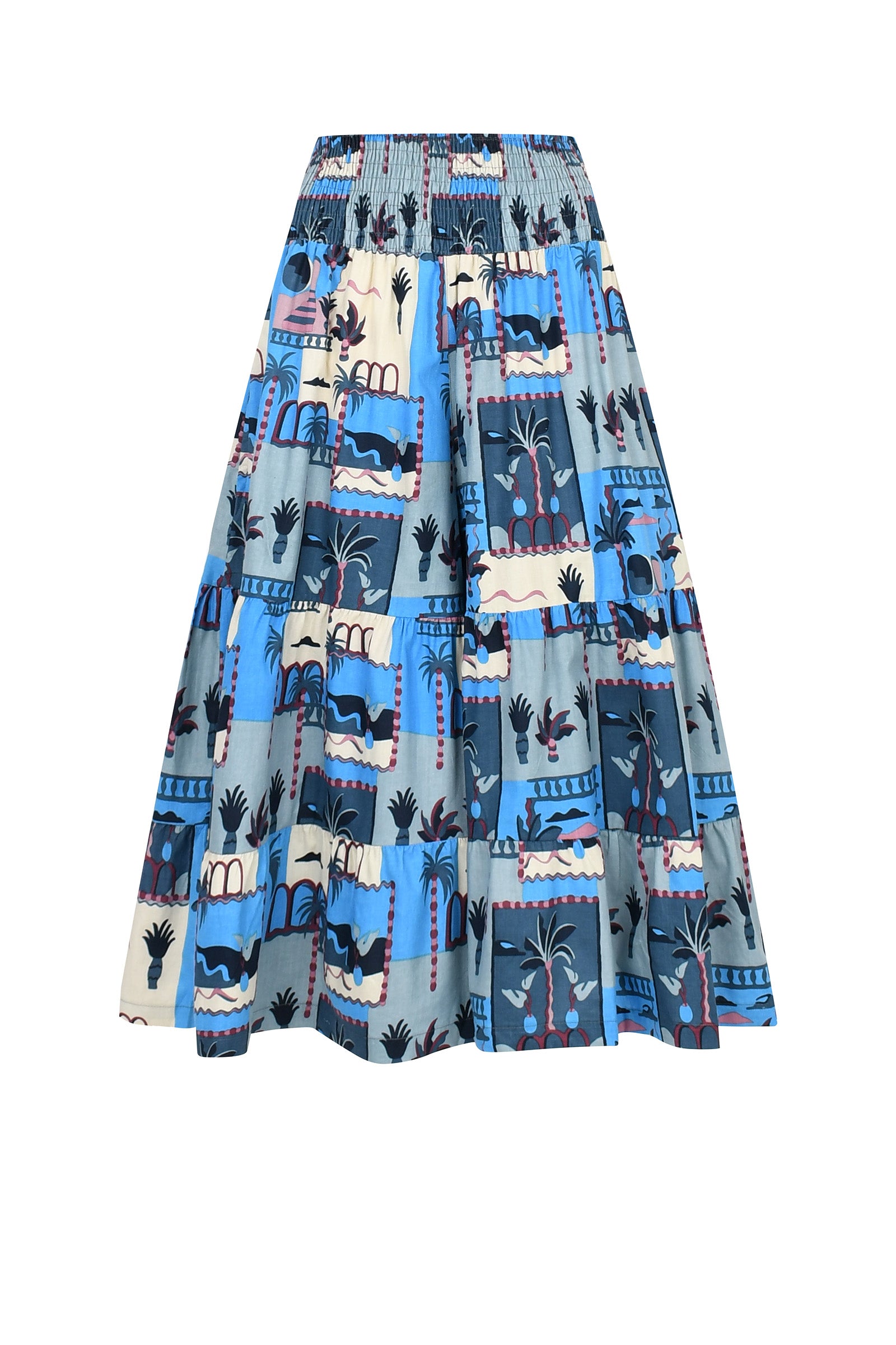 3/4 pants, multicolor illustrated print on blue with elastic waist and wide legs