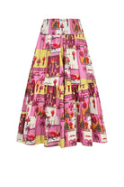 Havana 3/4 pants in pink with multicolor print, elastic waist, gathered tiered fit