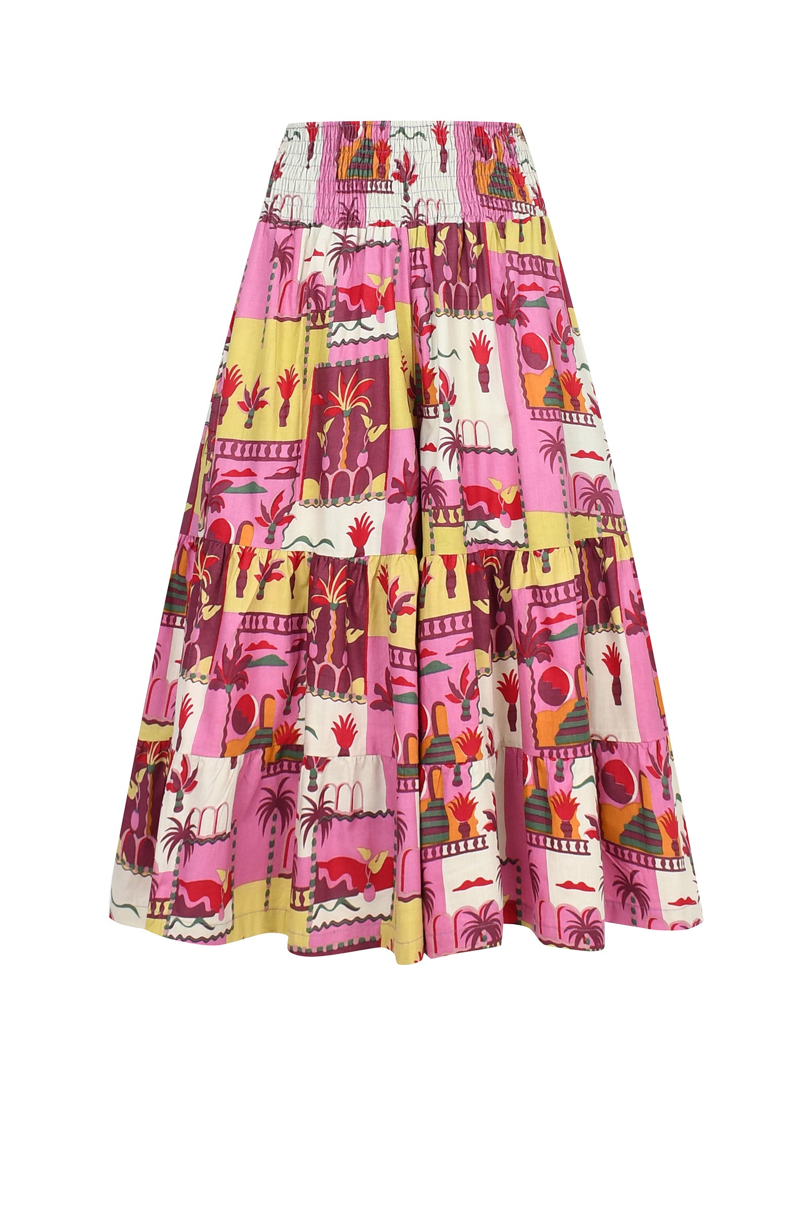Havana 3/4 pants in pink with multicolor print, elastic waist, gathered tiered fit