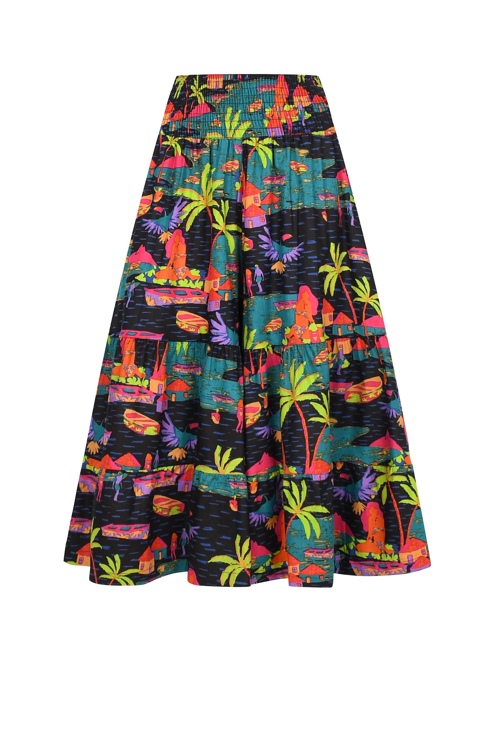 Havana 3/4 pants with elastic waist, tropical multicolor print on dark black base