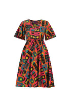 Kids' short-sleeve printed dress with button front and tie waist, pink and teal pattern