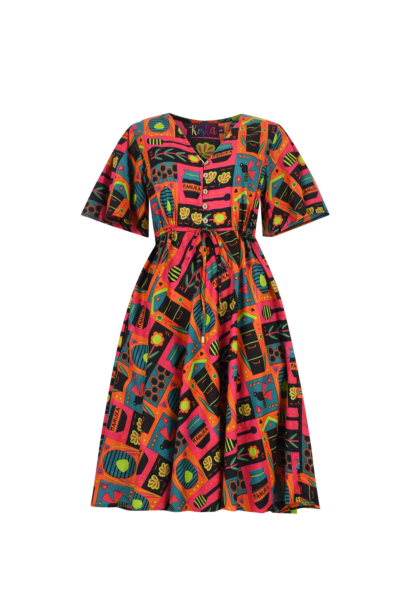 Kids' short-sleeve printed dress with button front and tie waist, pink and teal pattern