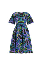 Kids' short-sleeve printed dress with button front and tie waist, teal and purple pattern