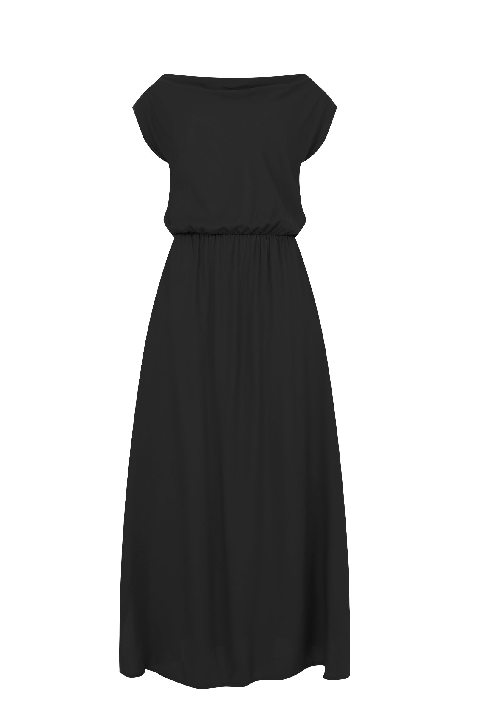 Black maxi dress flat lay: short sleeves, draped neckline, elastic waist, long skirt