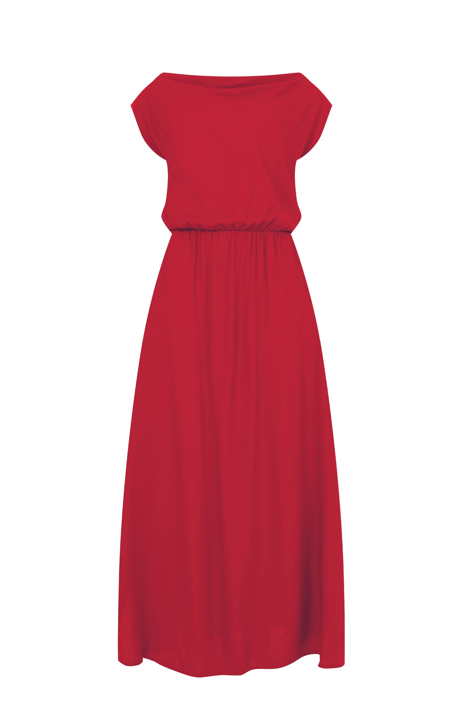 Dark red maxi dress flat lay: cap sleeves, gathered waist, flowy skirt and slit