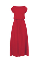 Dark red maxi dress flat lay: cap sleeves, gathered waist, flowy skirt and slit