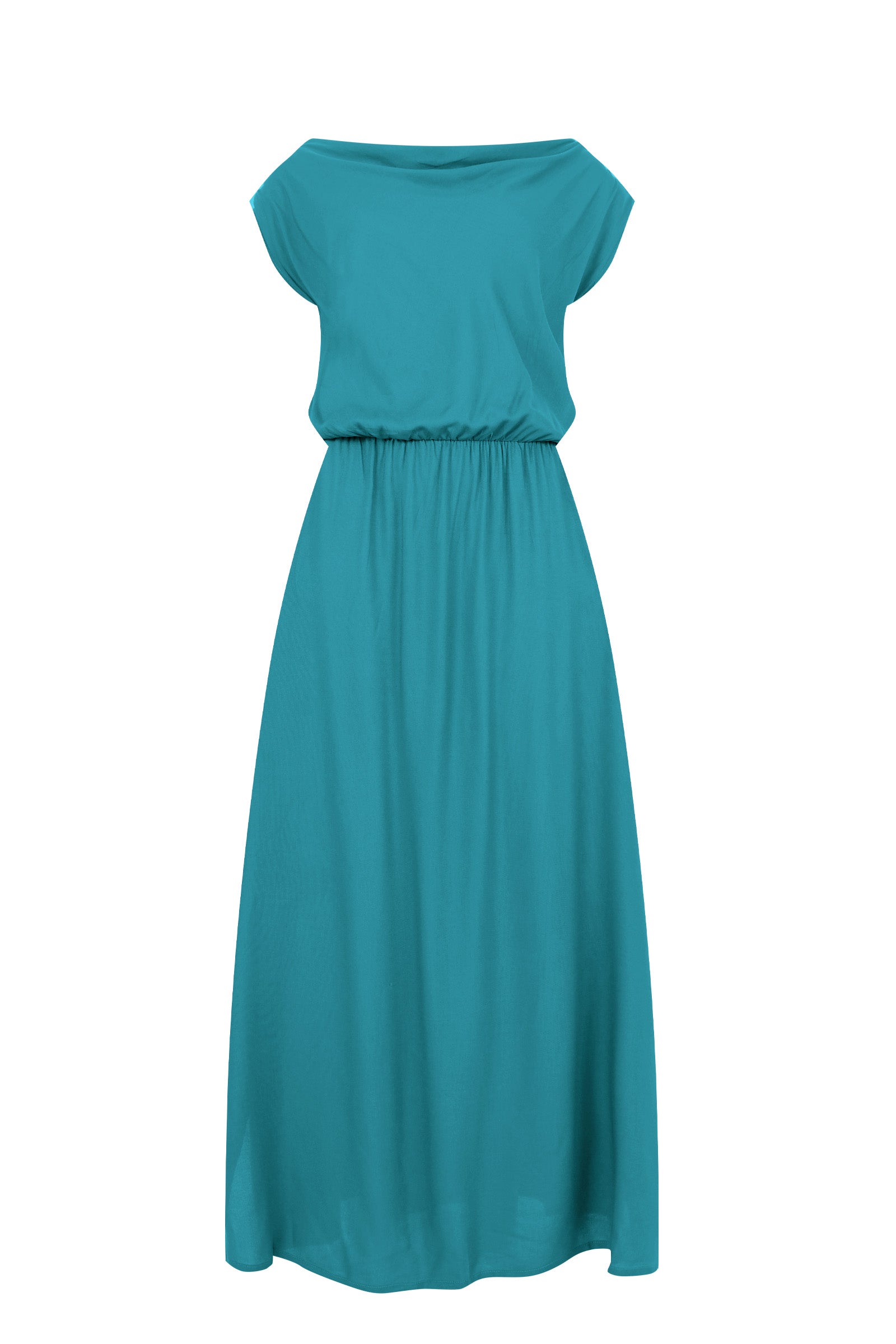 Teal maxi dress with cap sleeves and gathered waist, flowing skirt