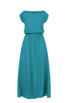 Teal maxi dress with cap sleeves and gathered waist, flowing skirt