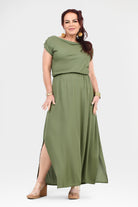 Olive green maxi dress with scoop neckline, gathered waist, and side slit