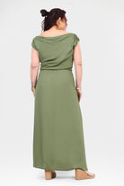 Olive green maxi dress with scoop back, gathered waist, and long skirt