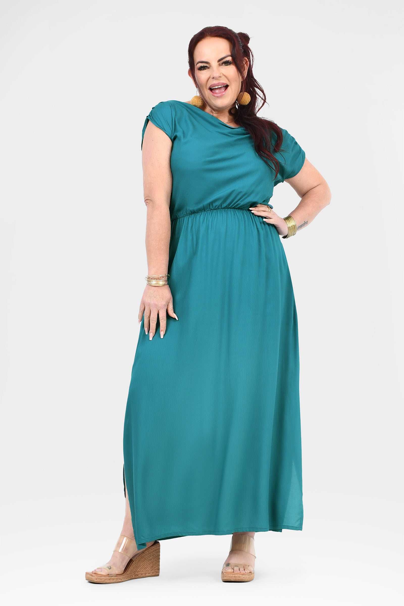 Teal front maxi dress with cap sleeves and gathered waist, full-length skirt