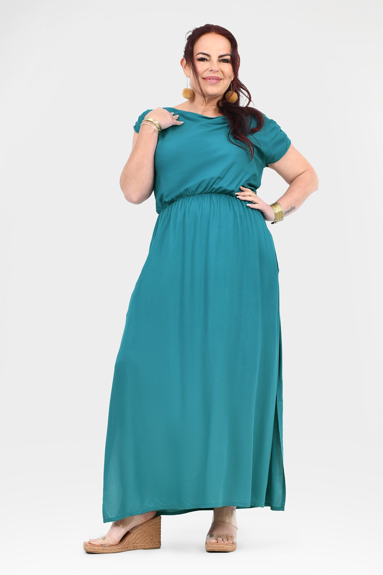 Teal maxi dress with cap sleeves and gathered waist, relaxed drape