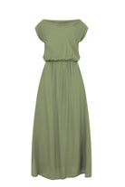 Olive green maxi dress flat lay with short sleeves and gathered waist
