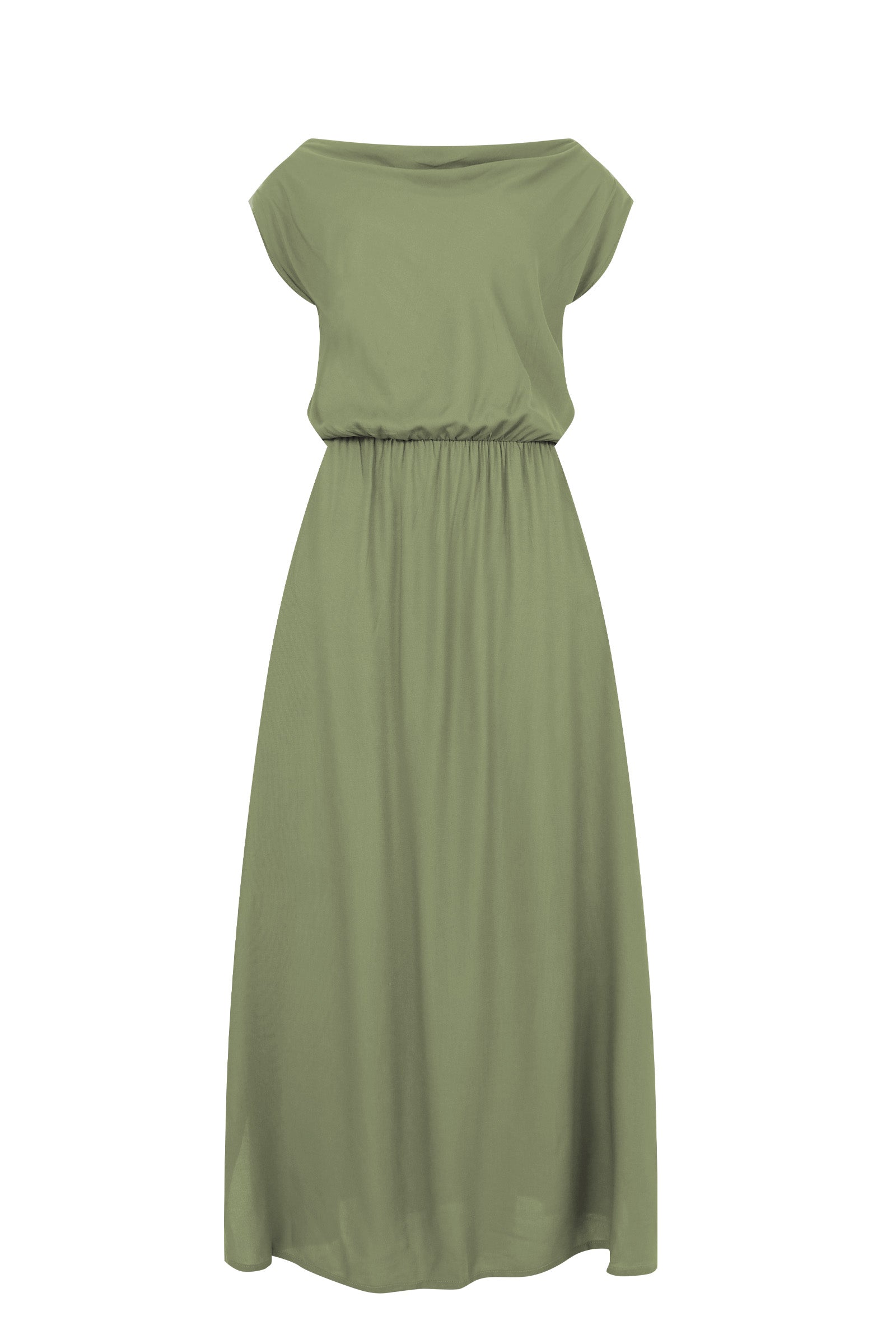 Olive green maxi dress flat lay with short sleeves and gathered waist