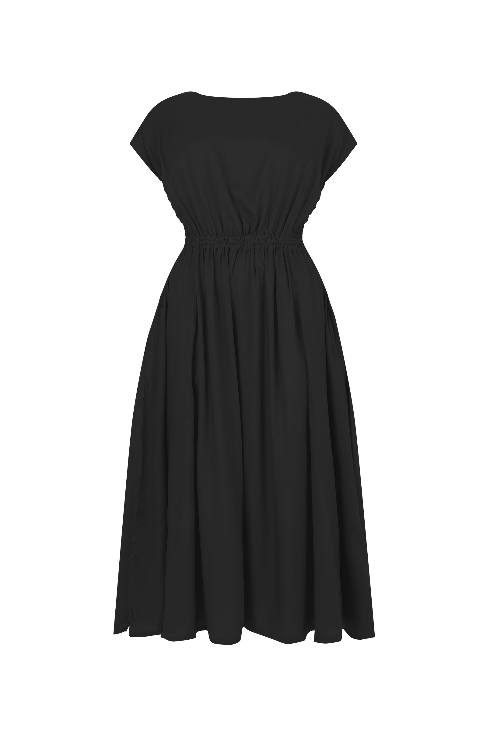 Black long dress flat lay: short-sleeve scoop neck, cinched waist, pleated skirt