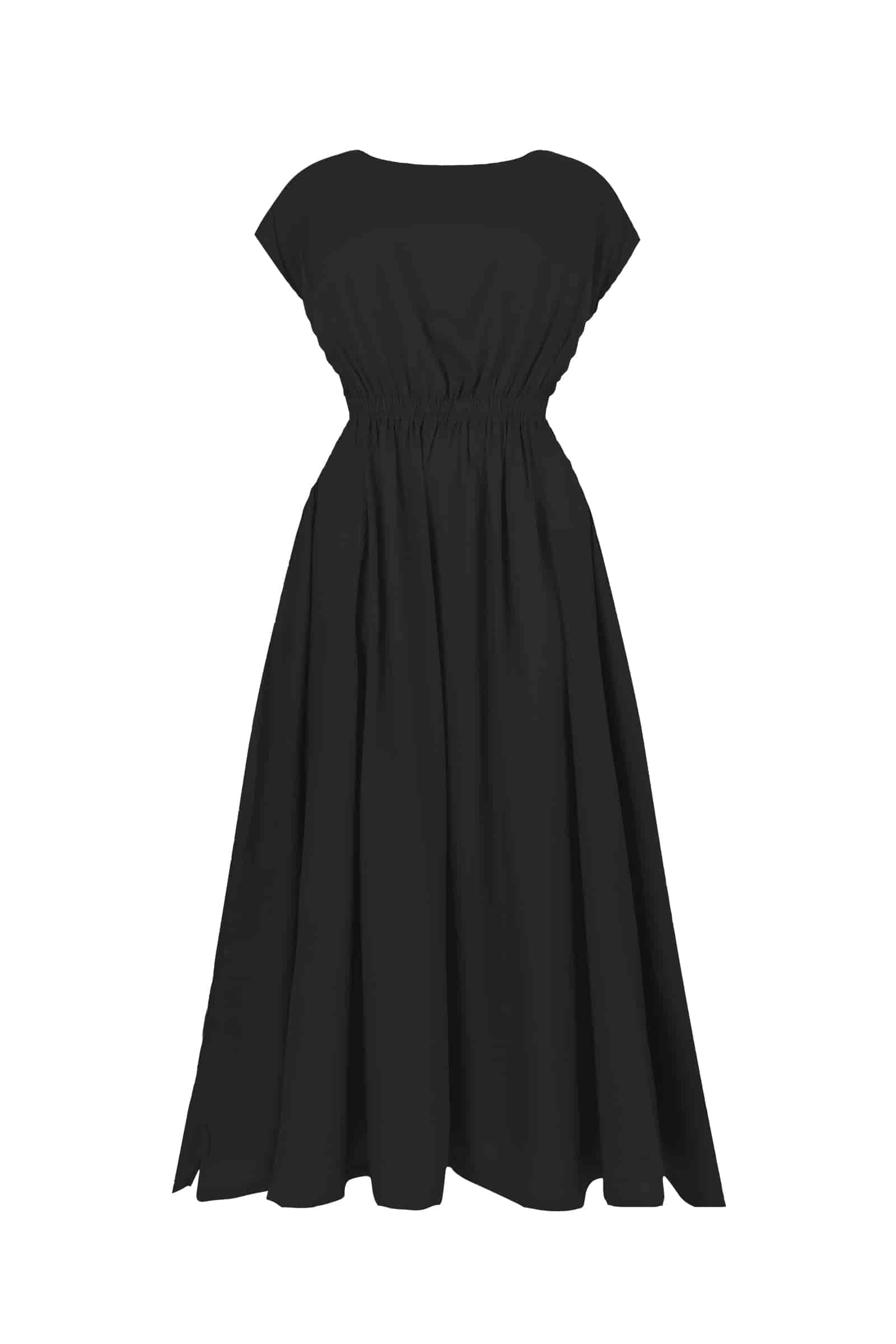 Black gathered waist long dress with short sleeves and pleated skirt