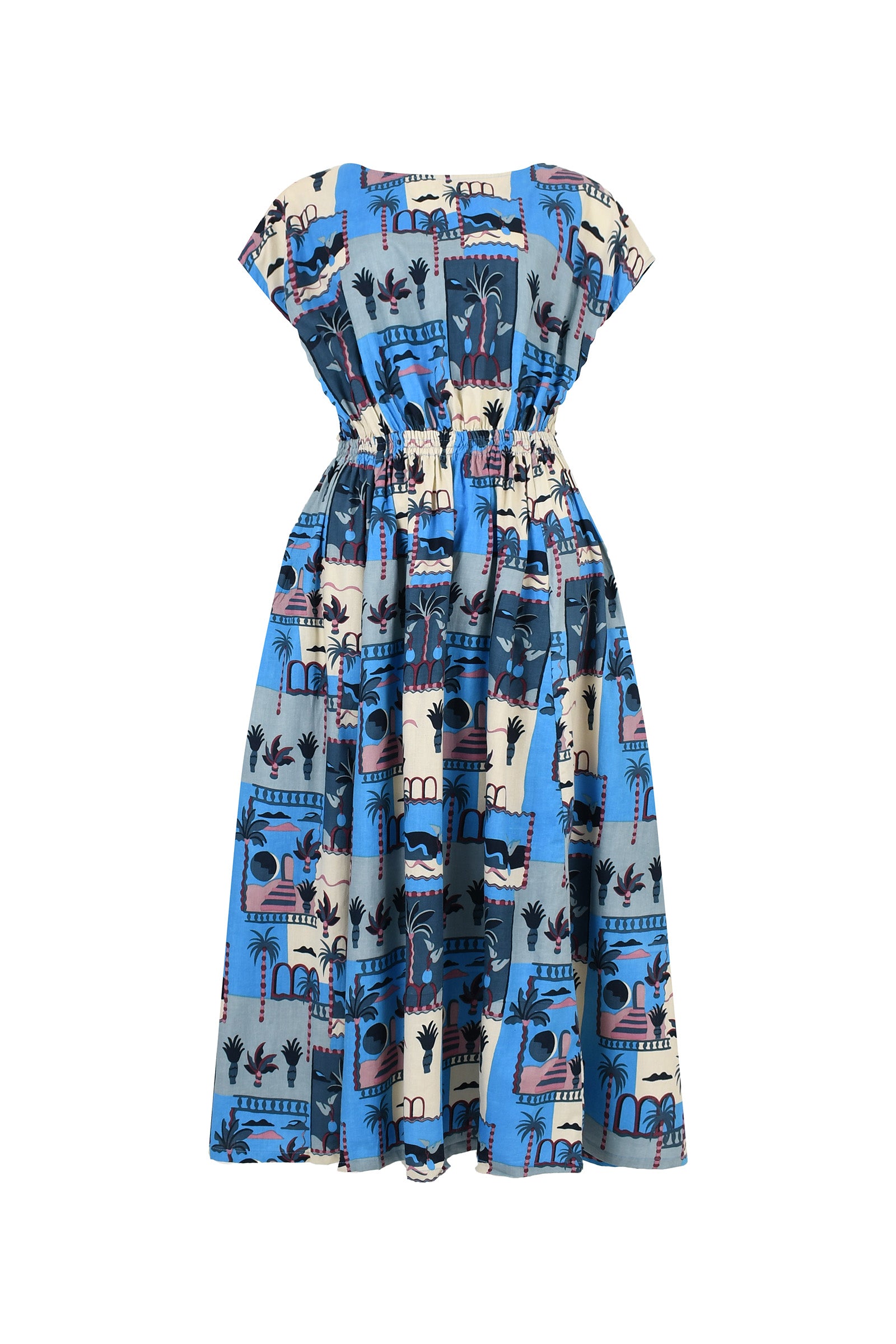 Blue printed midi dress with short sleeves and cinched waist