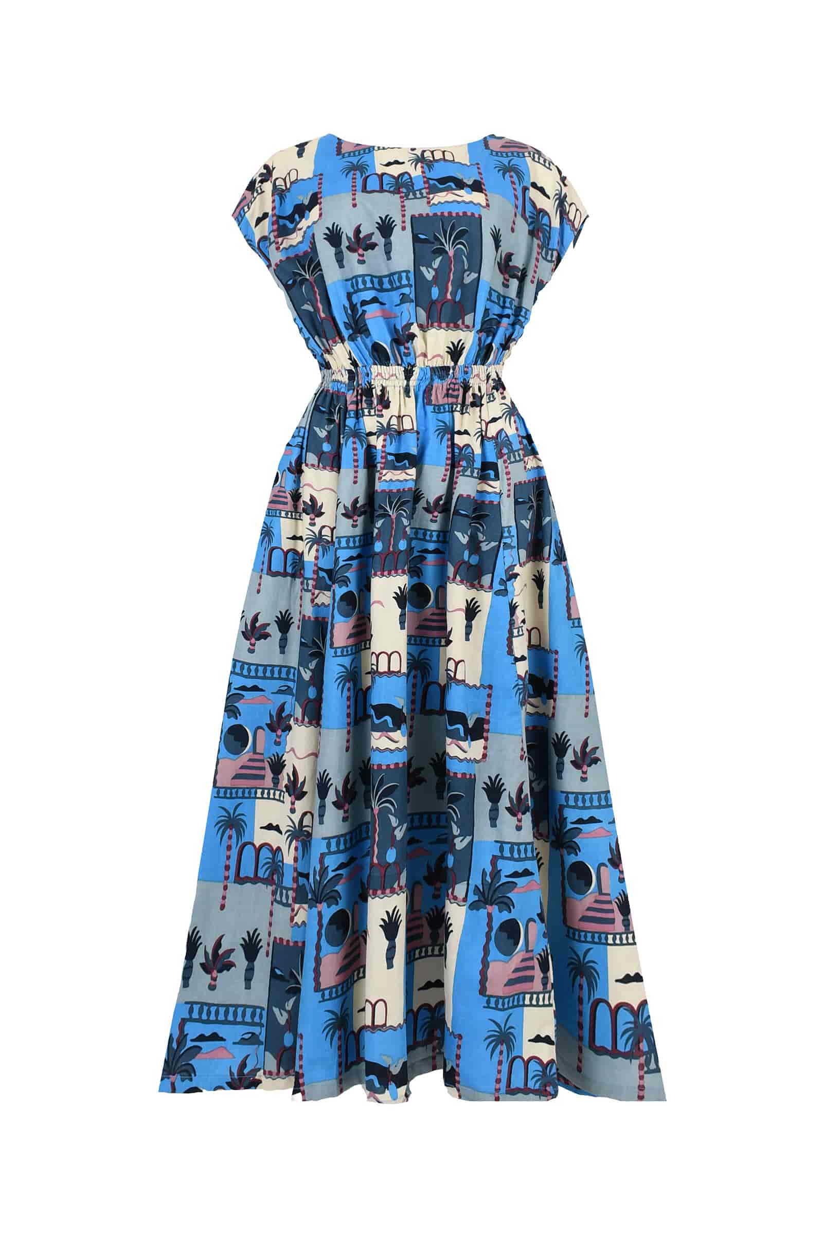 Long blue printed maxi dress with gathered waist belt and scoop neckline