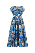 Long blue printed maxi dress with gathered waist belt and scoop neckline