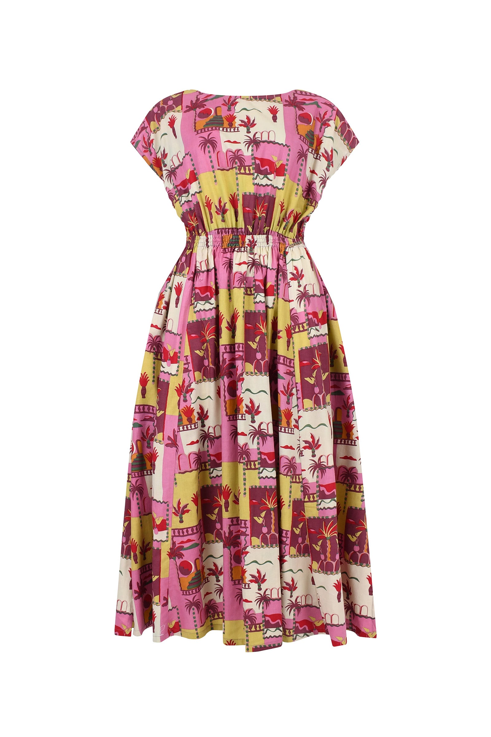 Pink printed midi dress with short sleeves and cinched waist