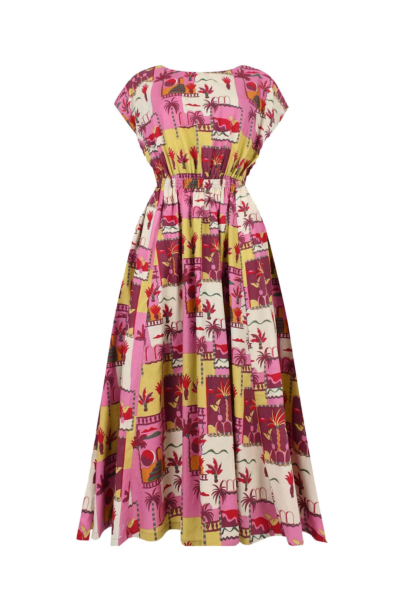 Pink long dress with colorful tropical print, gathered waist, short sleeves