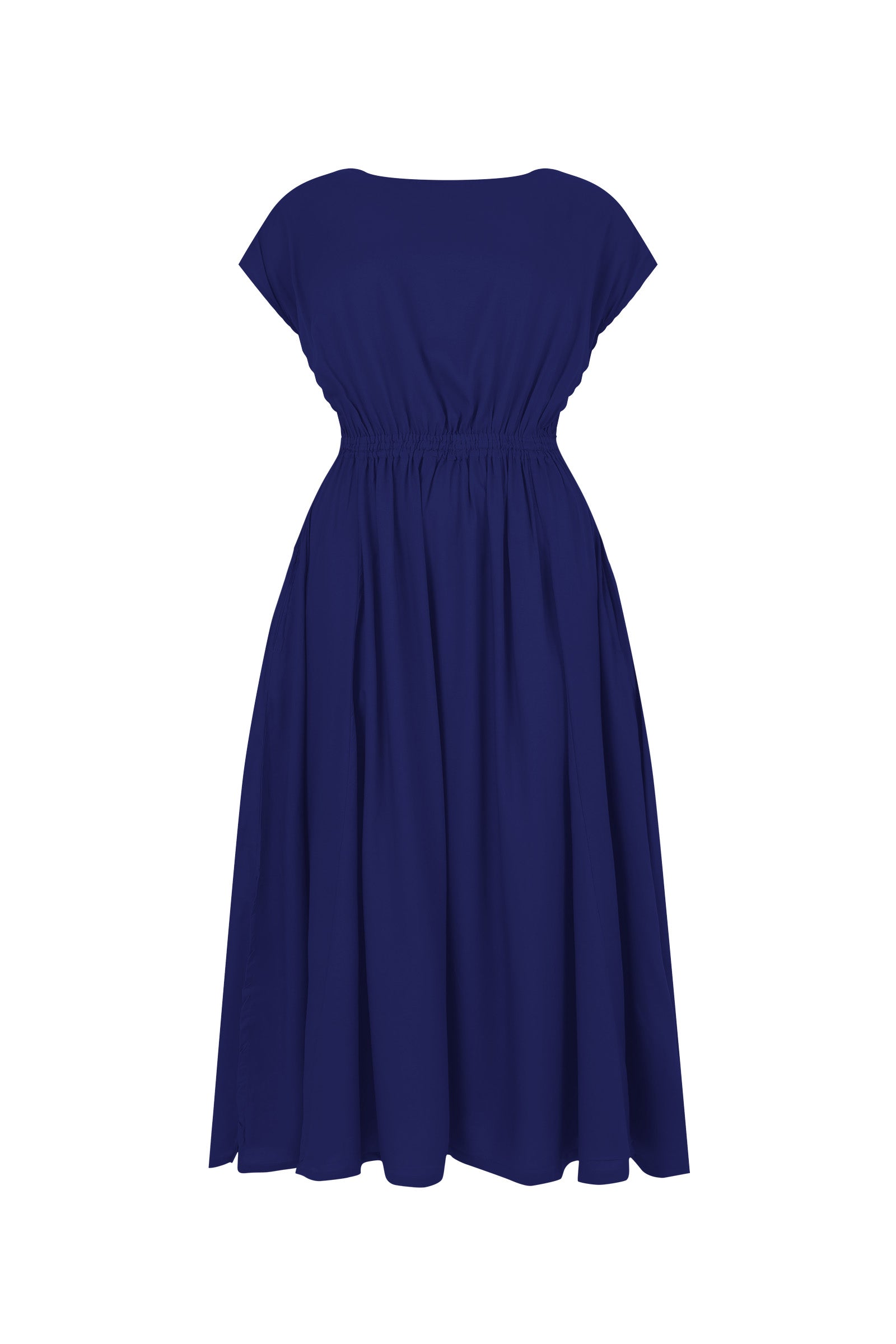 Dark blue short-sleeve long dress with gathered waist and pleated A-line skirt