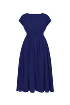 Dark blue short-sleeve long dress with gathered waist and pleated A-line skirt