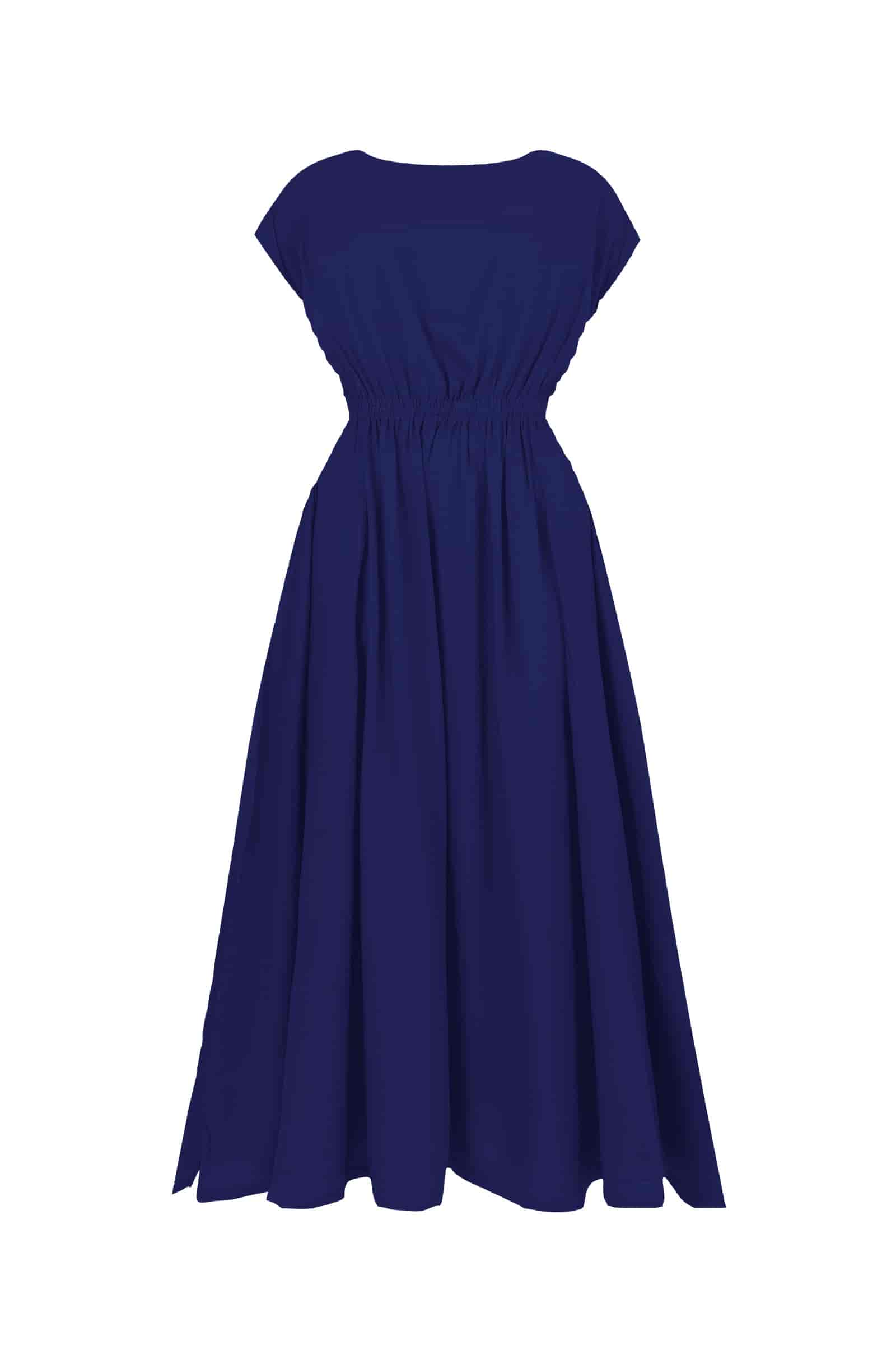 Dark blue long dress with gathered waist and short sleeves