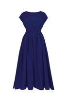 Dark blue long dress with gathered waist and short sleeves