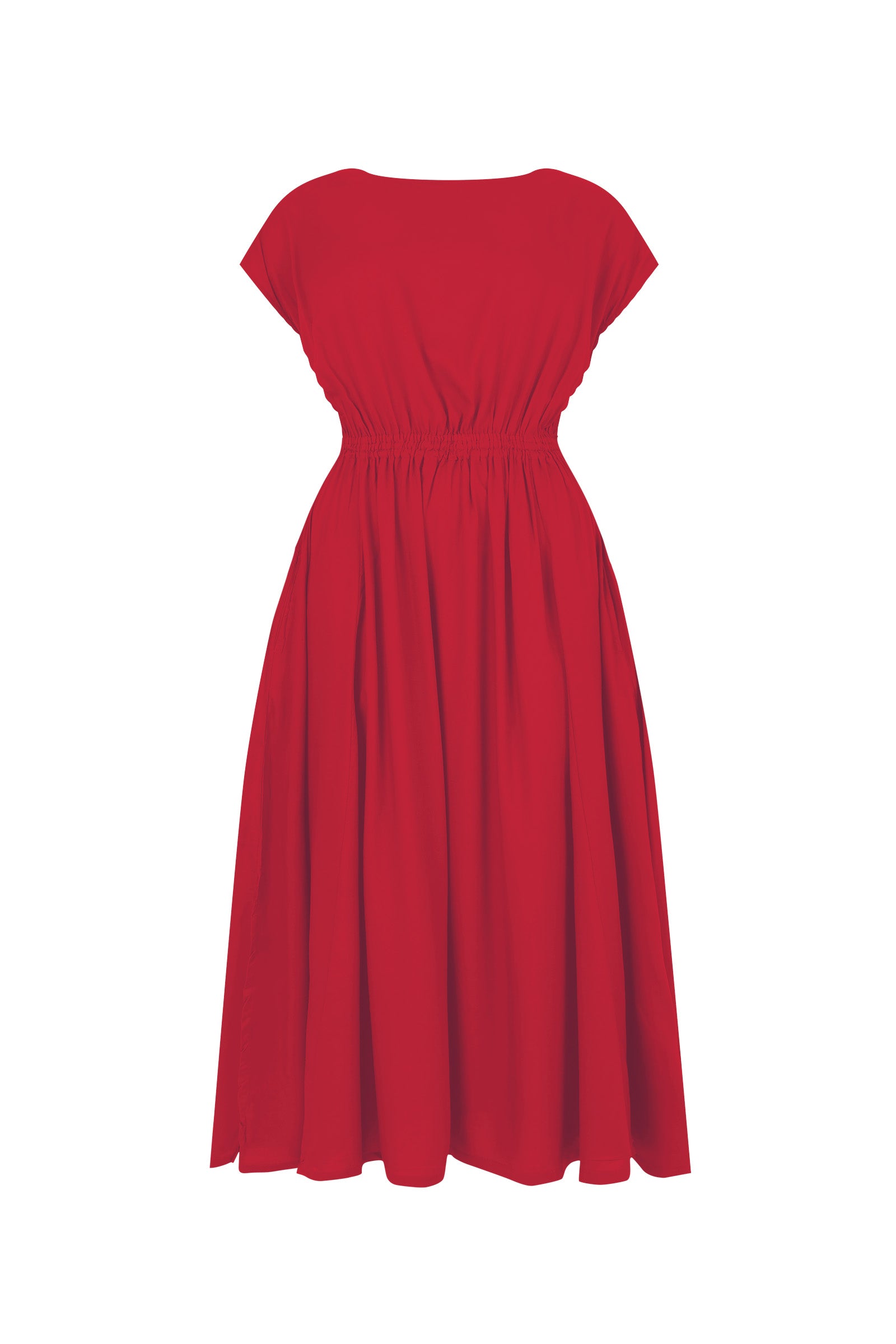 Dark red long dress flat lay: short sleeves, gathered waist, flowing pleated skirt
