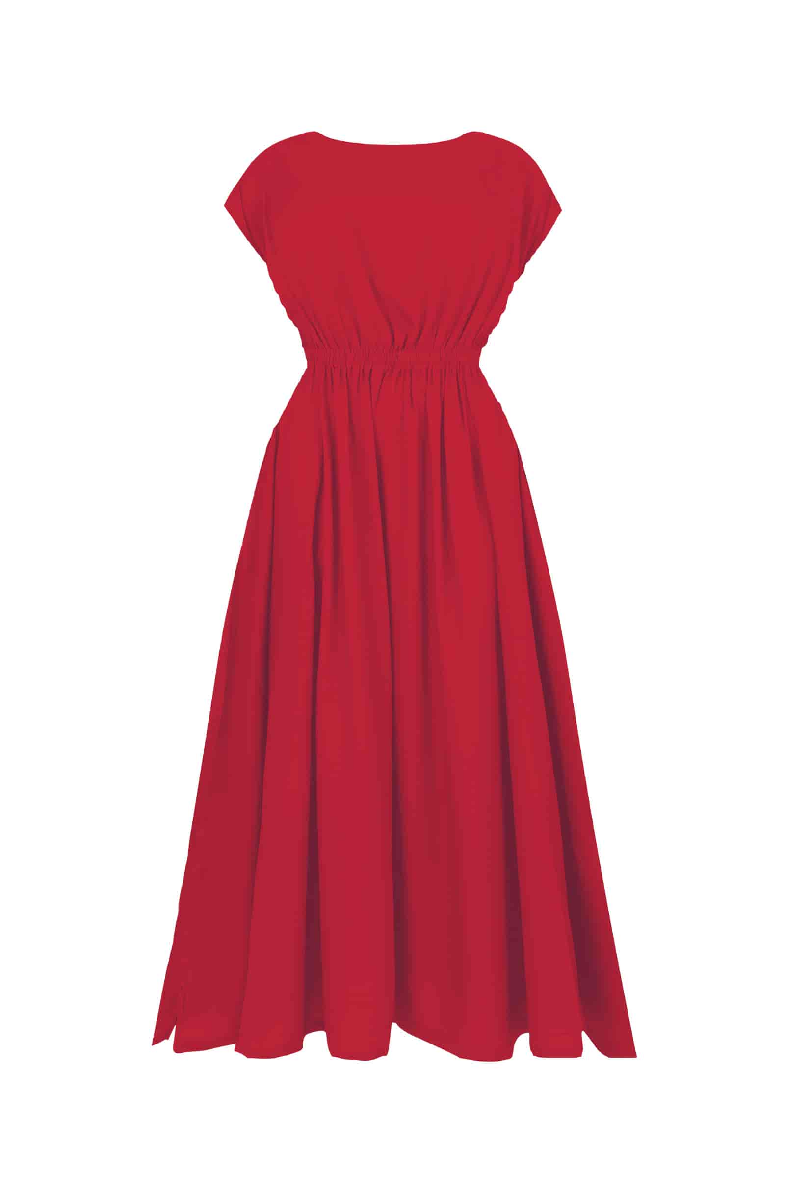 Dark red long dress with gathered waist and pleated skirt, short cap sleeves