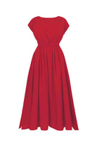 Dark red long dress with gathered waist and pleated skirt, short cap sleeves